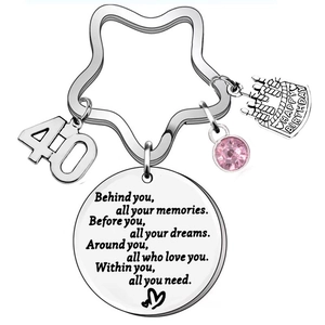 Star-shaped stainless steel 40th birthday keychain with engraved inspirational plaque