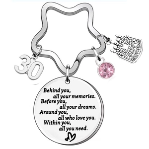 Polished stainless steel 30th birthday keychain with inspirational pendant and pink charm