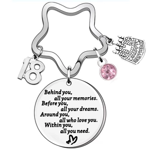 Stainless steel 18th birthday keychain with engraved inspirational quote and charms