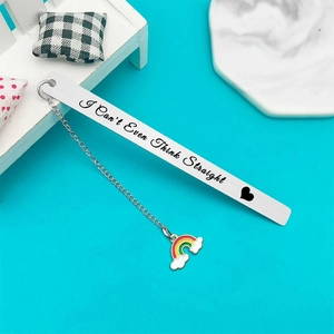Stainless steel bookmark with rainbow charm and I Can't Even Think Straight engraving