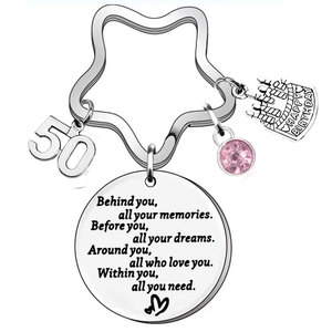Personalized 50th birthday stainless steel keychain with star ring and pink charm