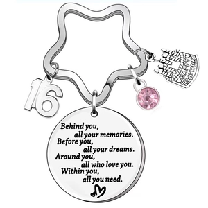 Stainless Steel Birthday Keychain With Pink Rhinestone Star Ring Inspirational Quote Cake Charm Gift For Women Girls Milestone Ages