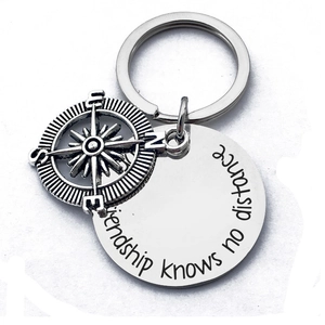 Stainless Steel Compass Keychain For Women Friends Graduation Gift Friendship Knows No Distance Engraved Silver Key Ring