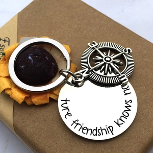 Compass charm and engraved friendship quote stainless steel keychain on gift box