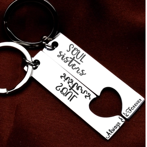 Soul Sister stainless steel split heart keychain set with Always and Forever engraving