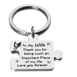 Porte-clés puzzle To My Wife en acier inoxydable brossé avec gravure cœur et papillon