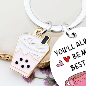 Porte-clés en acier inoxydable avec charm Bubble Tea et message pour meilleure amie
