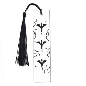 Acrylic printed bookmark with black dragon and cloud motifs plus elegant black silk tassel