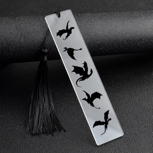 Frosted acrylic bookmark with black dragon silhouettes and long silk tassel decoration