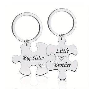 Polished stainless steel puzzle piece keychain set with Big Sister Little Brother engraving