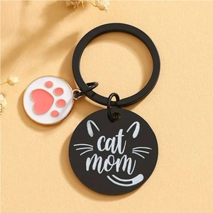 Portachiavi Cat Mom in acciaio inossidabile con pendente zampa bianca e ciondolo nero