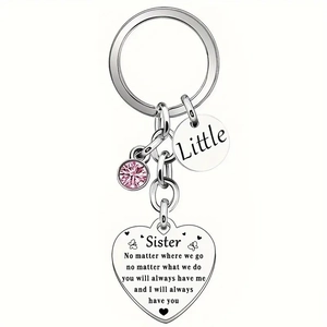 Porte-clés sœur en acier inoxydable poli avec pendentif cœur et zircone rose