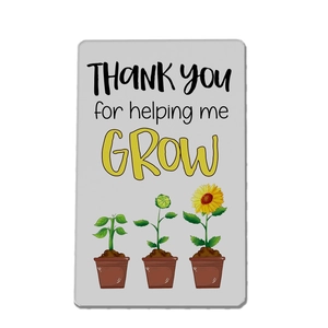 Engraved stainless steel wallet card with sunflowers and Thank You teacher message
