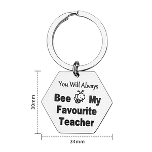Polished stainless steel hexagon keychain with bee engraving for teacher appreciation gift