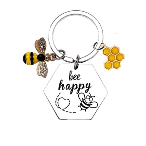 Stainless steel bee happy keychain with honeycomb charm and rhinestone bee pendant