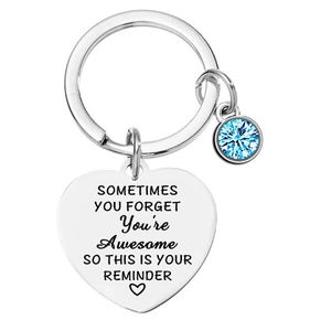 Porte-clés cœur en acier avec cristal bleu et gravure motivationnelle