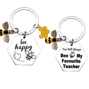 Stainless Steel Bee Honeycomb Keychain Bee Happy Lettering Rhinestone Teacher Appreciation Gift Keyring For Women Men