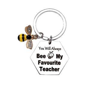 Stainless steel bee keychain with honeycomb pendant and teacher appreciation engraving