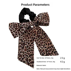 Detailed dimensions for vintage leopard print bow scrunchie and headband hair accessory