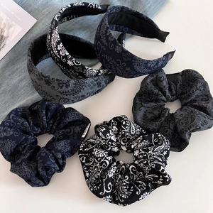 Vintage paisley wool hair accessories set with headbands and scrunchies in navy and grey