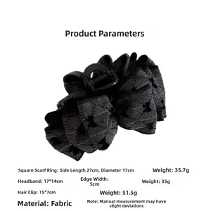 Detail showing dimensions and material specifications for a black fabric bow hair clip