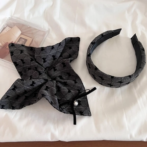 Dark grey flocked butterfly headband and bow hair tie set with pearl accent