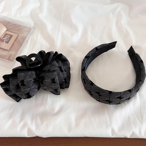 Vintage dark gray jacquard bow hair clip and wide headband set for autumn winter style