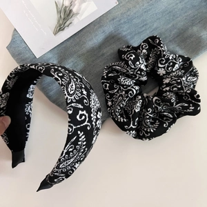 Retro paisley pattern headband and oversized scrunchie set in classic black and white style
