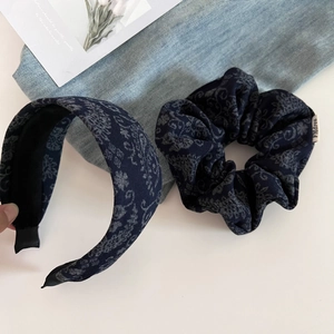 Navy blue paisley hairband and scrunchie set with vintage floral wool fabric