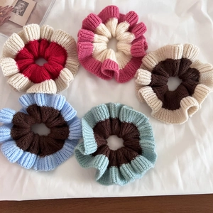 Korean Patchwork Color Knitted Woolen Scrunchie Ruffled Edge Elastic Hair Band Retro Lazy Style Hair Accessories For Women
