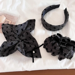Vintage Dark Gray Fabric Hair Accessories Flocking Bow Butterfly Pattern Headband Hair Tie Hair Claw Clip For Women