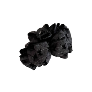 Retro charcoal grey flocked bow hair claw clip with vintage jacquard texture