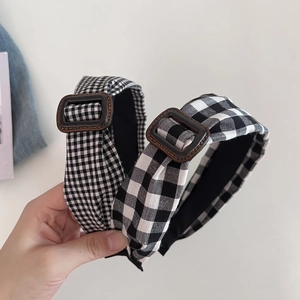 Korean Style Black White Checkered Wide Headband Retro Gingham Hair Band With Square Buckle For Women Fashion Hair Accessories