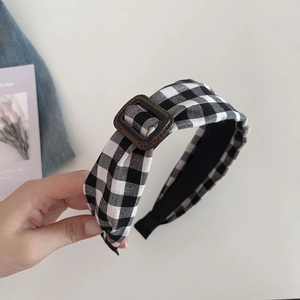 Vintage black and white gingham wide headband with retro brown buckle detail