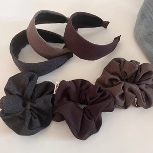 Detail view of 6-piece winter hair set featuring dark wool velvet headbands and scrunchies