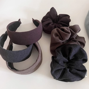 Minimalist solid color woolen scrunchie and headband set in earthy brown and grey tones