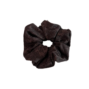 Vintage paisley pattern dark brown scrunchie hair tie with premium jacquard fabric texture
