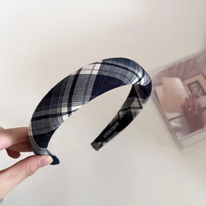 Classic blue plaid padded headband with high skull top and hand made label detail