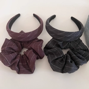 Retro British style striped fabric headband and scrunchie set in burgundy and dark gray