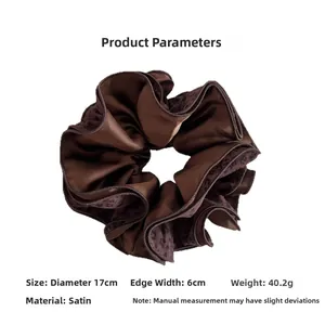 Detailed view of leopard print satin hair scrunchie showing 17cm diameter and dimensions