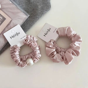 Elegant Pink Satin Ruched Scrunchie With Faux Artificial Pearl For Women French Style High Elastic Hair Band Accessories