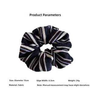 Detail view of retro knit striped hair scrunchie showing 15cm diameter size and weight specs