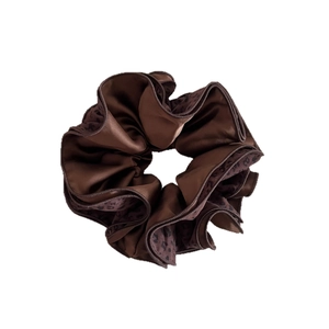 Elegant leopard print and satin patchwork scrunchie hair tie with ruffled texture