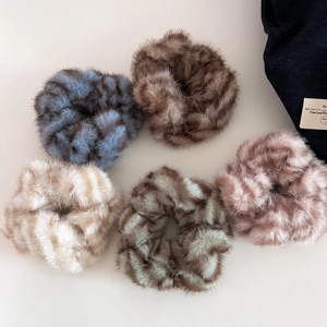 Faux fur zebra pattern hair scrunchies set in five colors for winter hairstyles