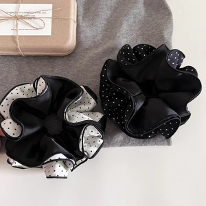 Chic black and white polka dot satin oversized hair scrunchies set with elegant edging