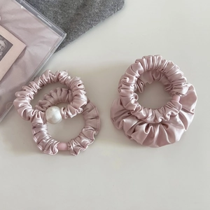 French style pink satin scrunchie set featuring smooth fabric and large pearl decoration