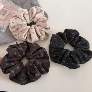 Three-piece floral knit scrunchie set in beige, brown, and grey for women hair accessories