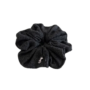 Elegant dark grey wool-textured scrunchie with cute silver bear charm and stylish tag
