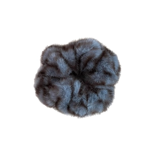 Plush faux fur scrunchie with grey-blue animal pattern for elegant hair styling