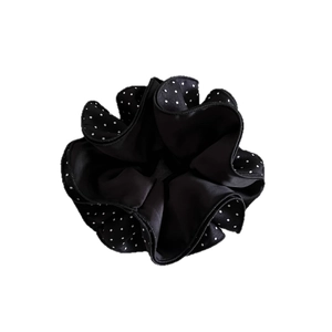 Elegant black and white polka dot satin scrunchie with multi-layered ruffle design